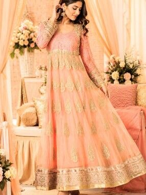 Peach Pink Gold Embroidered Anarkali Gown Indian Wedding Party Dress Small
